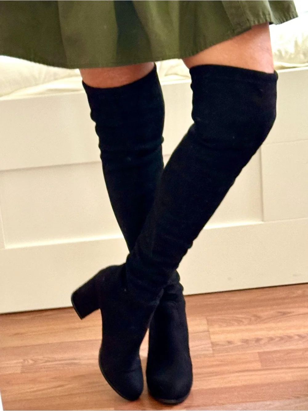Over-the-Knee Black Suede Block Heel Boots - Women